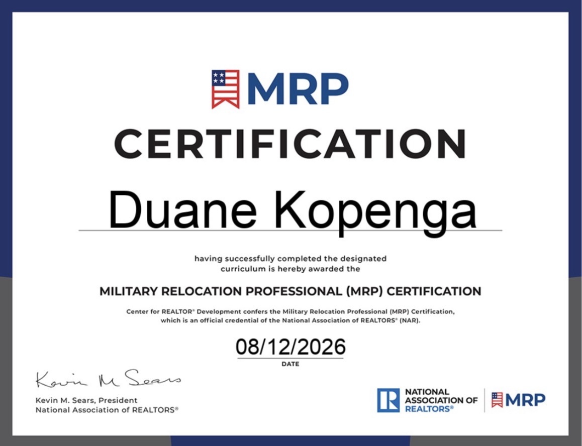 Military Relocation Professional certificate awarded to Duane Kopenga by the National Association of Realtors